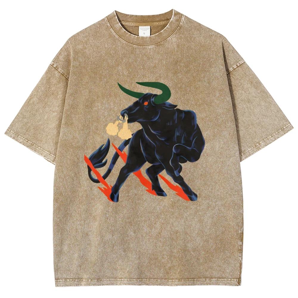 Крутые футболки с быком Унисекс Выстиранные футболки Мужские Женские Оверсайз Футболки с коротким рукавом Хлопок Харадзюку Графические футболки