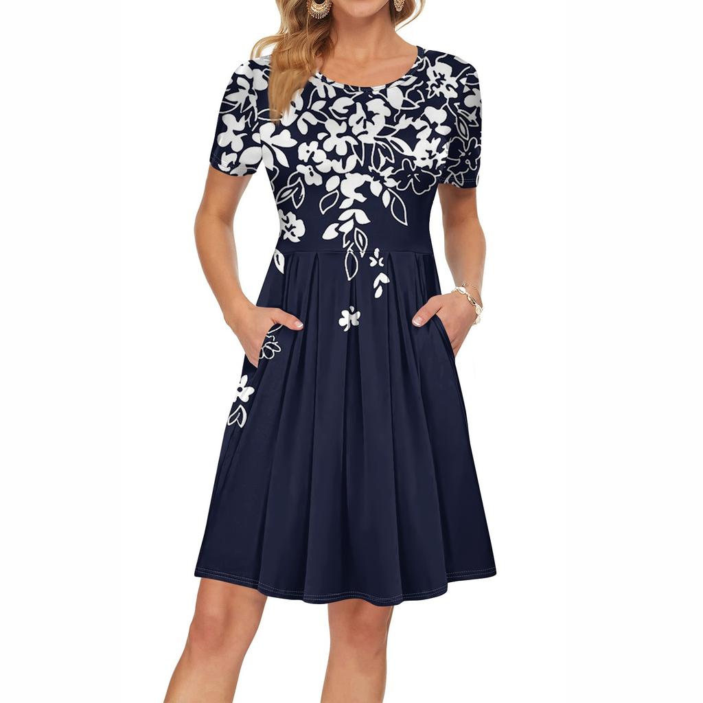 Женское платье с коротким рукавом, плиссированное, свободное, повседневное платье с карманами, платья длиной до колена