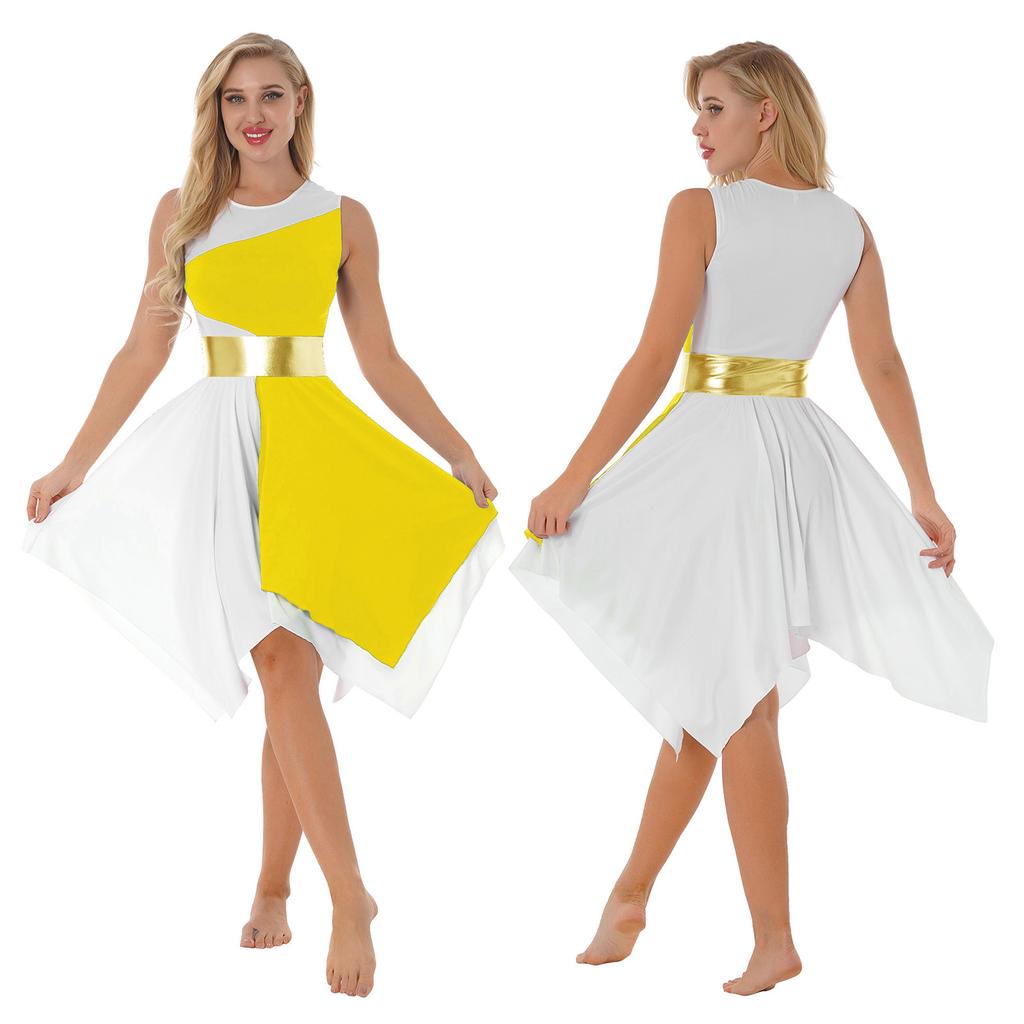 Асимметричное платье-туника для хвалы для девочки, лирическая танцевальная одежда, платье с цветными блоками для выпускного вечера