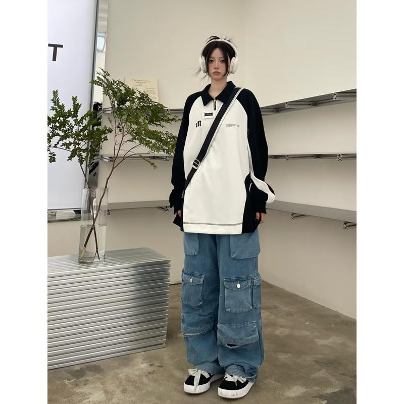 Синие потертые брюки-карго с несколькими карманами Y2k, уличные джинсы с высокой талией в стиле ретро, ​​пара, повседневные широкие брюки в стиле Харадзюку