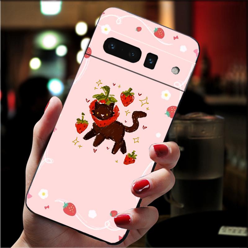 For Google Pixel 10 9 Pro XL Silicone Phone Soft Case For Google Pixel 9A 8A 7A 6A 5 Cover Shell Strawberry Fruit Cat