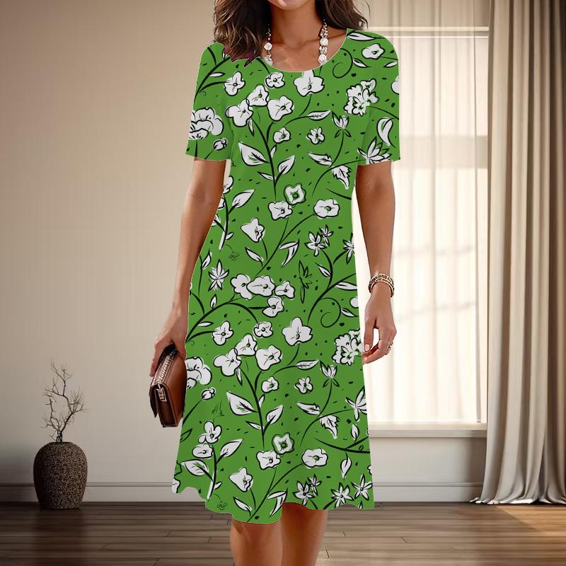 Женская мода изящный цветочный принт принт лето весна короткий рукав О-образный вырез повседневные платья