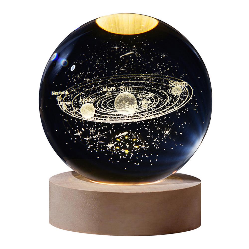3D Galaxy Crystal Ball Lamp Лазерная гравировка Ночной светильник с деревянной основой для декора спальни,