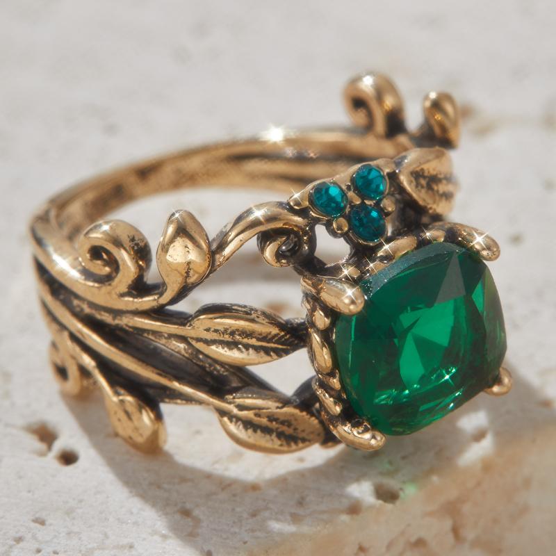 1PC Gold Color Leaf Design Ring for Women with Square Green Cubic Zirconia Aesthetic Female Wedding Party Trendy JewelryGood product
