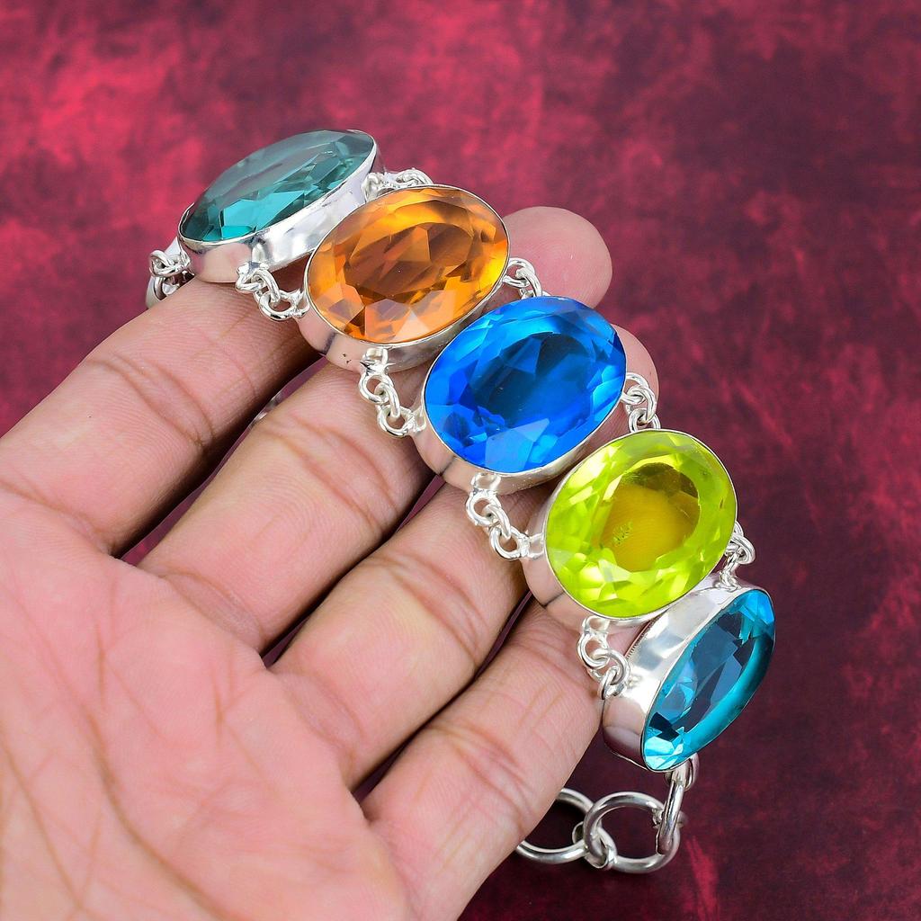 Multi Color 925 Solid Sterling Silver Bracelet With Adjustable Chain, Handmade Gemstone Bracelet Jewelry, Gifts For Wife Brand New Bracelet