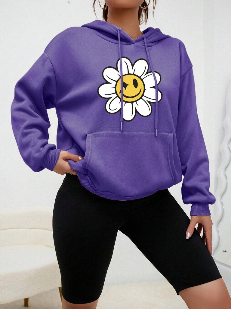 Smiling Face Flower Printed Streetwear Women Creativity Warm Hoodie Autumn Fleece Pullover Comfortable Pocket Female Clothes