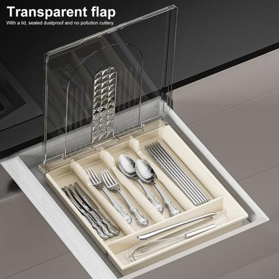 Cutlery Storage Tray with Transparent Lid Classification Compartments Organization Large Capacity Multi Box Tableware Fork Chopsticks Spoon Tableware
