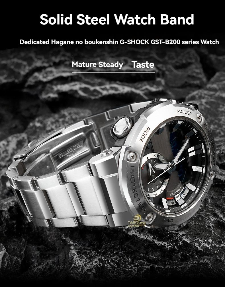 Ремешок для часов из нержавеющей стали для Casio G-Shock GST-B200/B200D | Браслет шириной 24x16 мм у крепления | Мужской серебристый/черный металлический ремешок