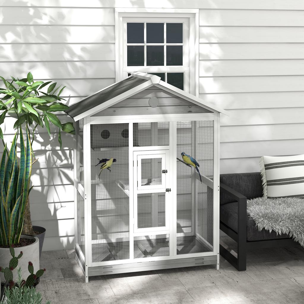 Wooden Birdcage with 4 Perches, Asphalt Roof, Waterproof, 112 x 68 x 154 cm