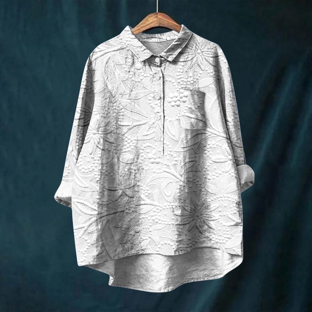 Women's Long Sleeve Shirt Button Vintage Floral Print Casual Hem Irregular Shirt Collar Top