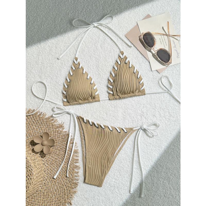 Sexy Triangle Bikini Set New Solid Color Textured Ribbed Halter Lace Up Tie Side Summer Beach Vacation Ins Fashion Swimwear