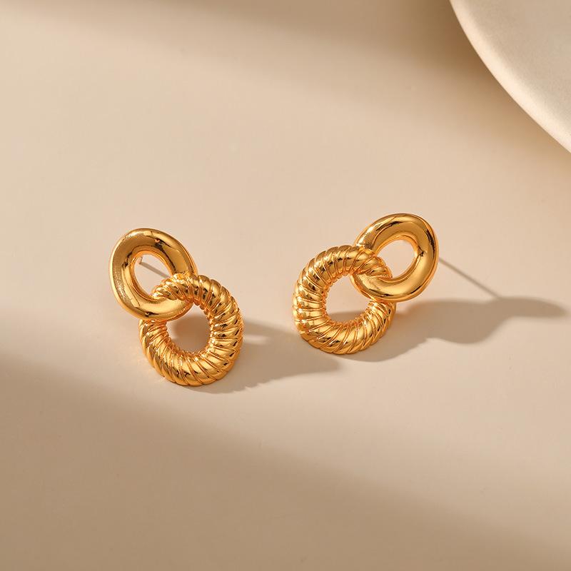 French Vintage Retro Double Ring Hollow 18k Gold Plated Copper Stud Earrings For Women