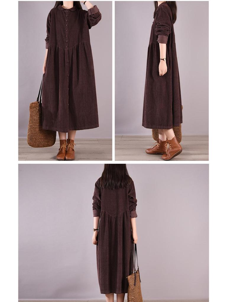 2025 Весна/Осень Ретро Вельветовое Свободное Платье с Длинным Рукавом Однотонное