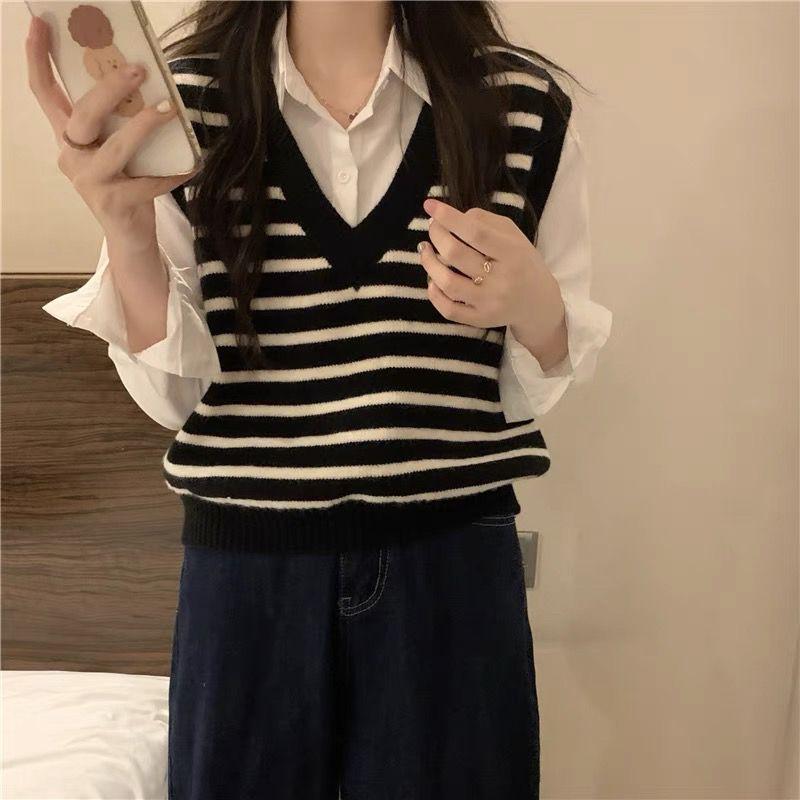 Pullover V-neck Striped Knitted Vest Women Spring and Autumn 2022 Casual Sleeveless Vest Sweater Female Top