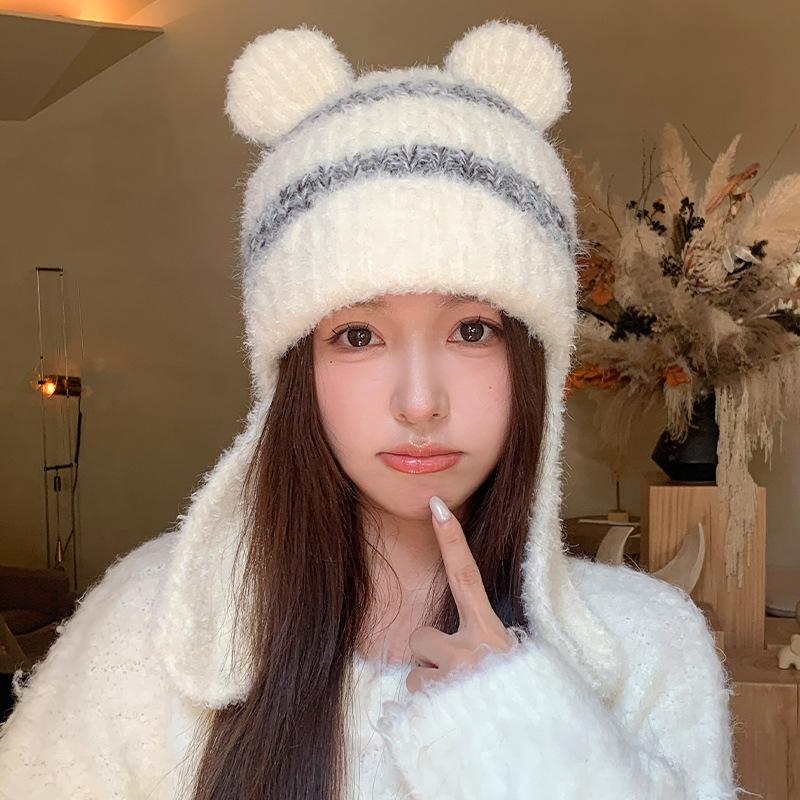 ins wind stripe contrasting color knitted hat bear ears showing face small hat women's winter warm windproof wool hat