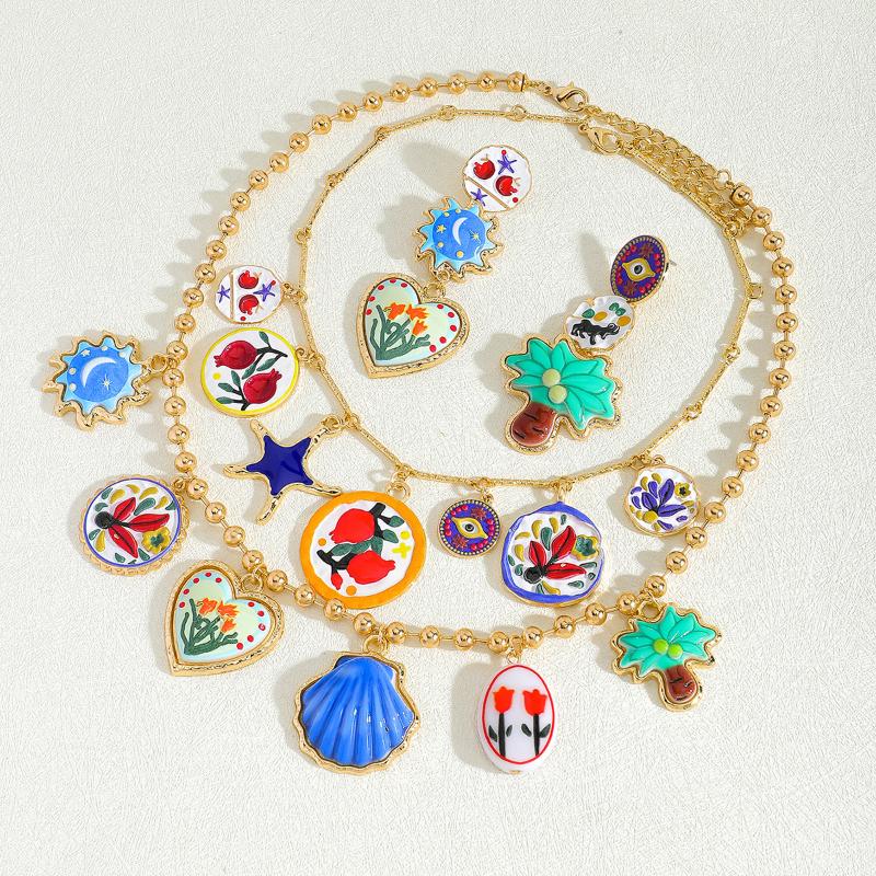 Personality Painting Design Metal Geometric Palm Tree Flower Pendant Necklaces For Women Fashion Trend Jewelry Neck Accessories