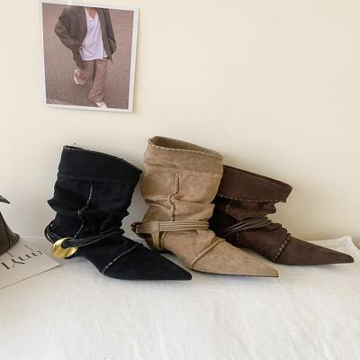 Маленькая мода~ Ретро остроносые полусапожки женские сапоги 25 лет осень и зима замшевые на шпильке короткие сапоги~