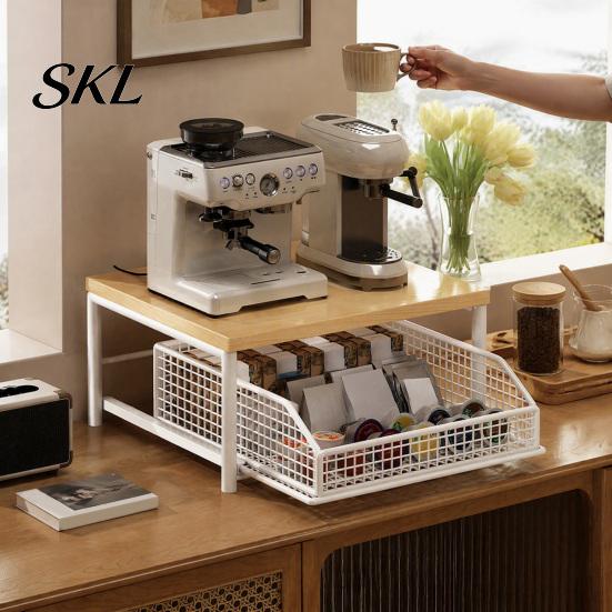 Dorm Room Storage Rack Coffee Maker with Drawer, Two Tier Countertop Organizer, Wood Top And Metal Basket Holder for Kitchen Office Break Counter
