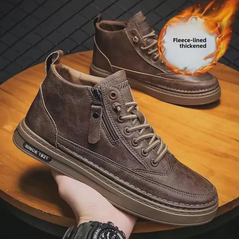 Мужские зимние бархатные высокие ботинки Martin — модная универсальная повседневная обувь из кожи на толстой подошве из теплого хлопка