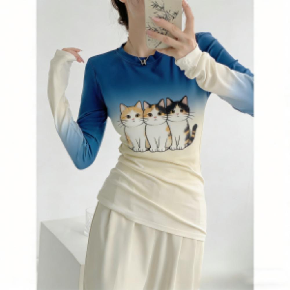 Весна Европа Америка Кот Леопардовый принт Модная женская футболка Пуловер Женская одежда с длинным рукавом Повседневные футболки для улицы Топ