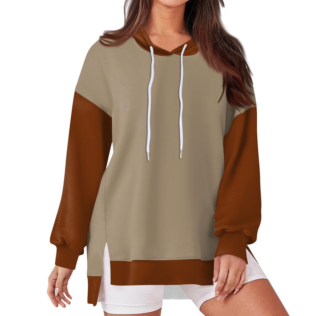 Women's Fashionable Casual Hoodie Long Sleeved Drawstring Pullover Solid Color Splicing Printed Loose Slit Sweatshirt
