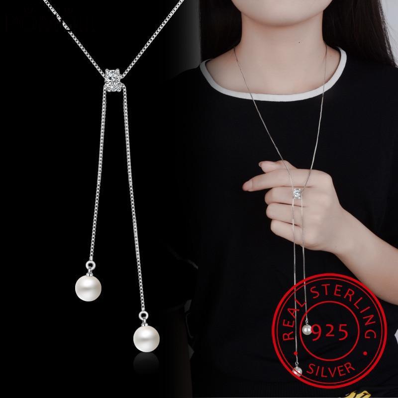 Simple Fashion 925 Sterling Silver Necklace Zirconia Pearl Sweater Long Chain Necklaces For Women Choker Collares S-n168