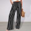 Women Trousers Button High Waist Print Straight Long Pants Striped Zipper Fly Wide Leg Long Trousers