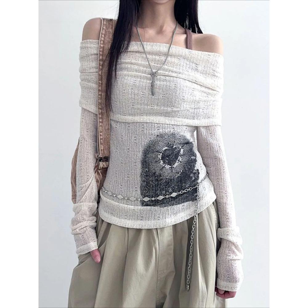 Прозрачная темная футболка с принтом Повседневная футболка с разрезом по горловине и длинным рукавом Женская мода Уличная одежда для женщин