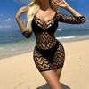 Women Summer Beach Cover-up Hollow Out Long Sleeves Slim Fit Low-cut V Neck Backless See-through Bikini