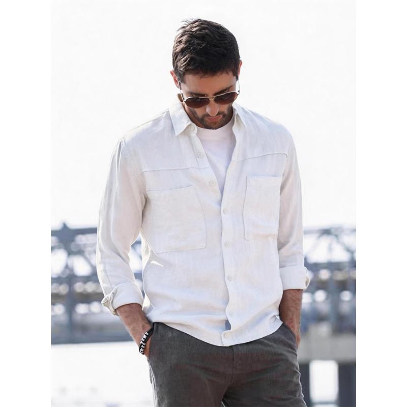 Mens European Size Japanese Style Double Pockets Long Sleeve Casual Shirt
