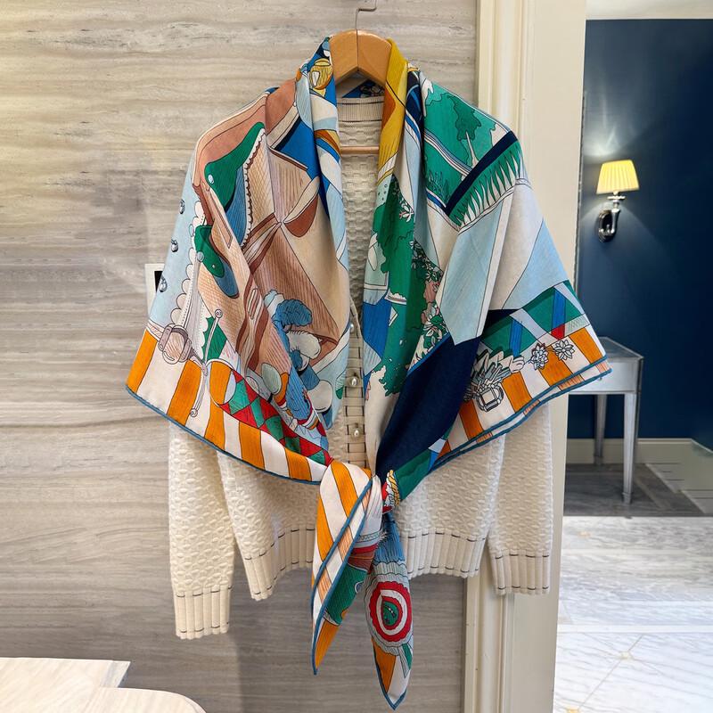 NINA SOLOR Double-Sided Silk Wool Equestrian Pattern Scarf