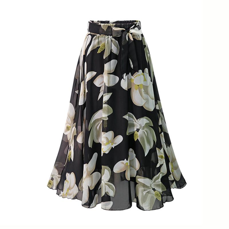 Plus Size Print Floral Skirt Women Summer Loose Elastic High Waist Chiffon Midi Skirts Lace Up Bow L-5XL Swing Jupe Femme