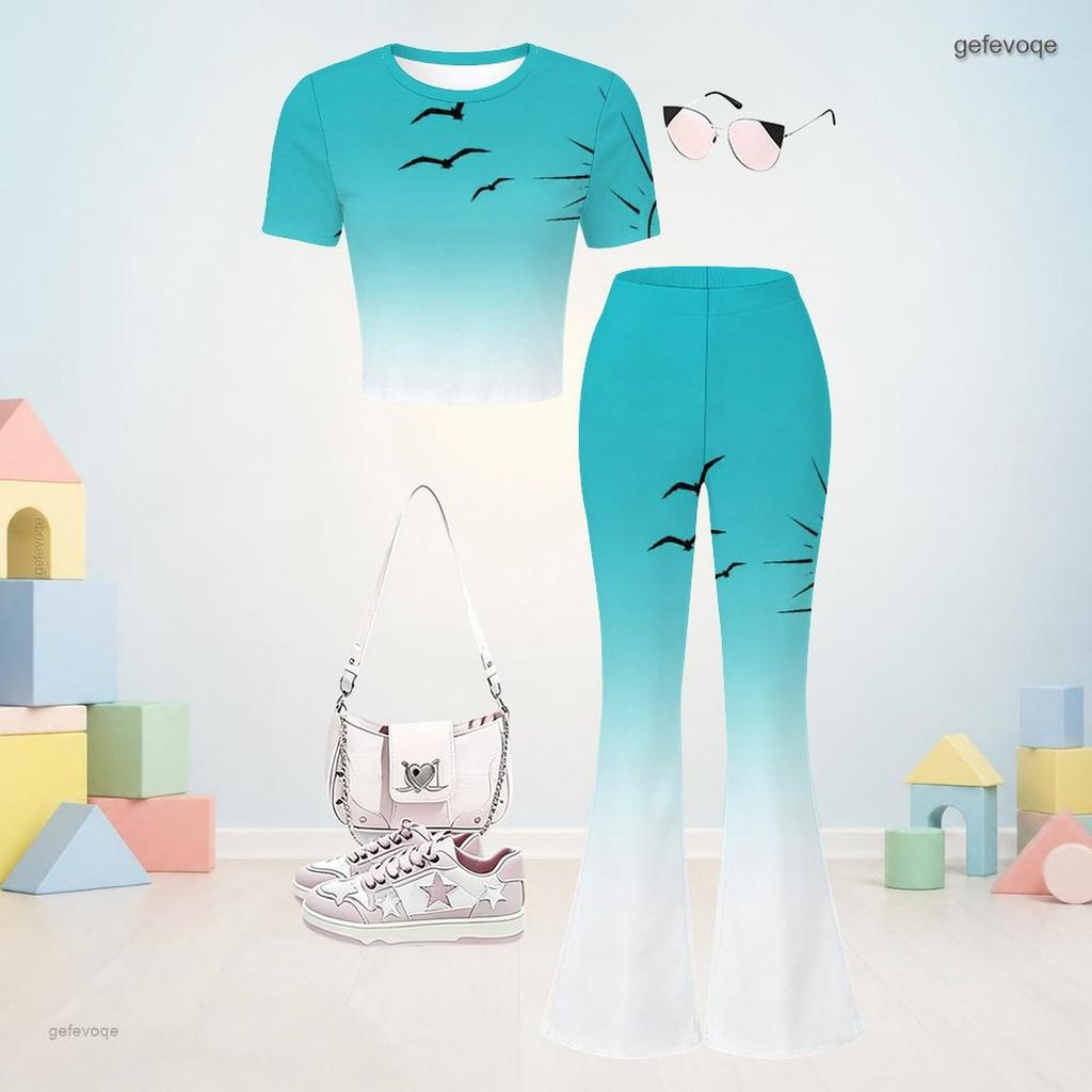Girls Printed Round Neck Short Sleeve Top Gradient Flared Pants Two Piece Outfit