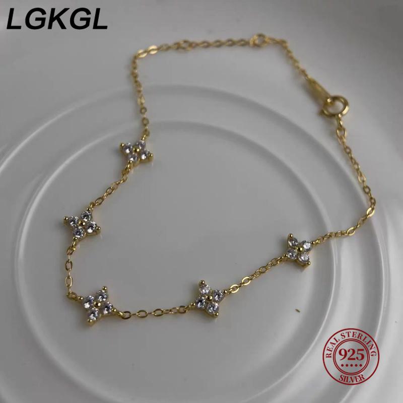 LGKGL S925 посеребренное 18-каратным золотом браслет с четырехлистником и полной звездой Простой серебряный браслет с цирконами для женщин на каждый день