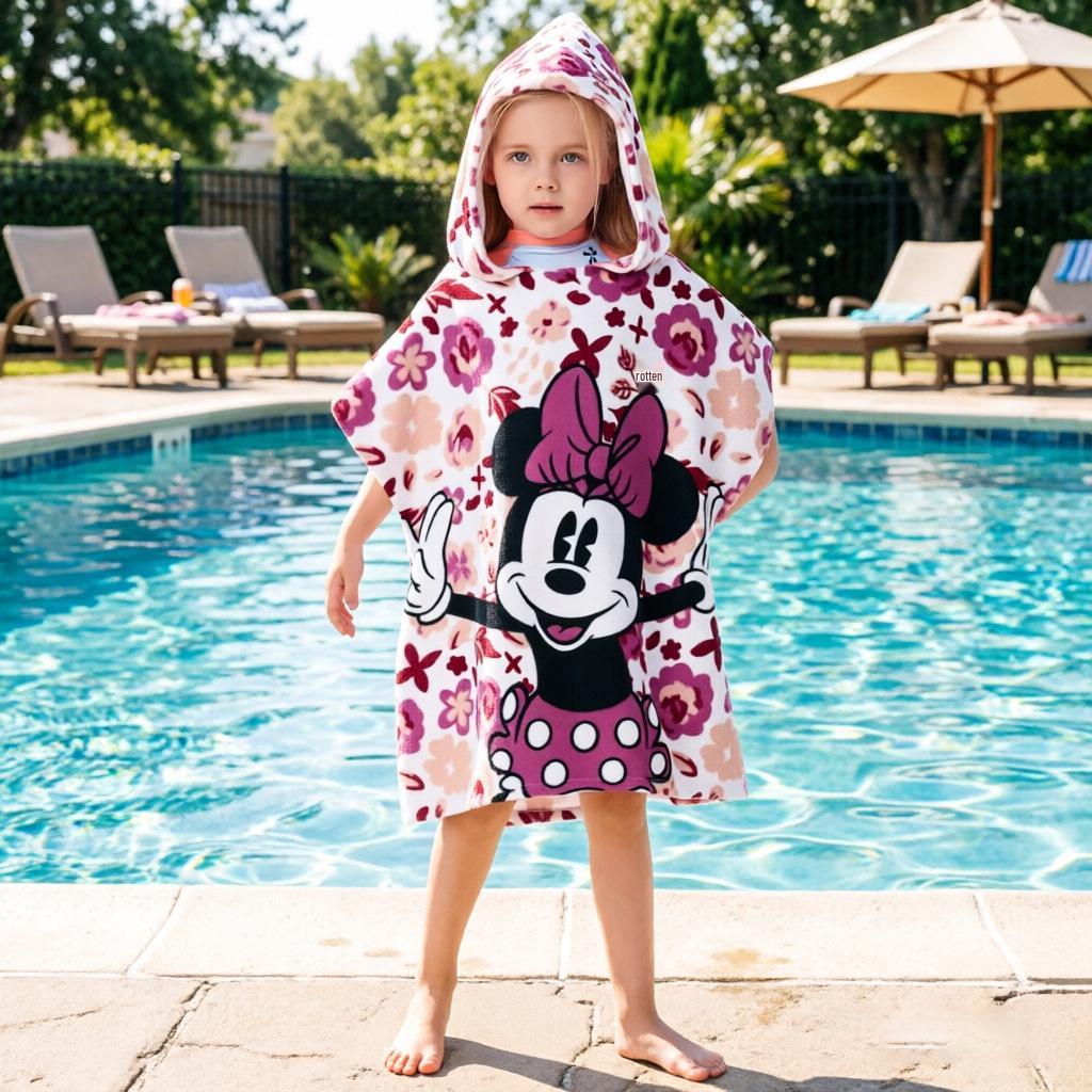 Ultra-Fine Fiber Cartoon Print Kids' Hooded Bath Towel Poncho