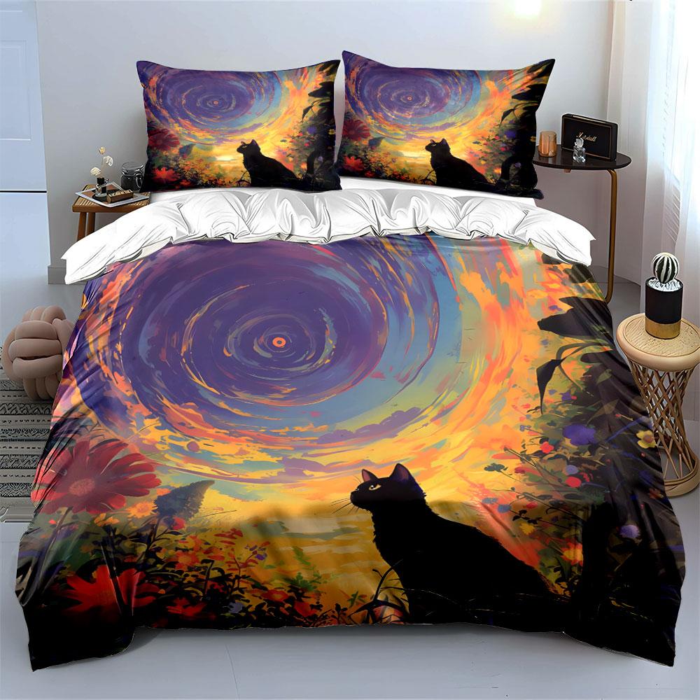 "Enchanting Cat-Inspired Nature Scene" Exquisite Three-Piece Bedding Set Gift For Kids And Adults