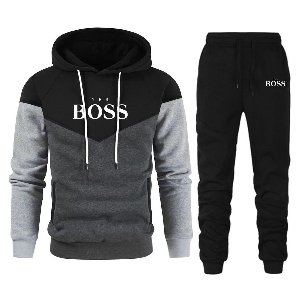 Autumn 2024 New Yellow Sportswear Tracksuits Men's Casual Plushed Warm Hoodie Set Color Matching Brand 2 Piece Set