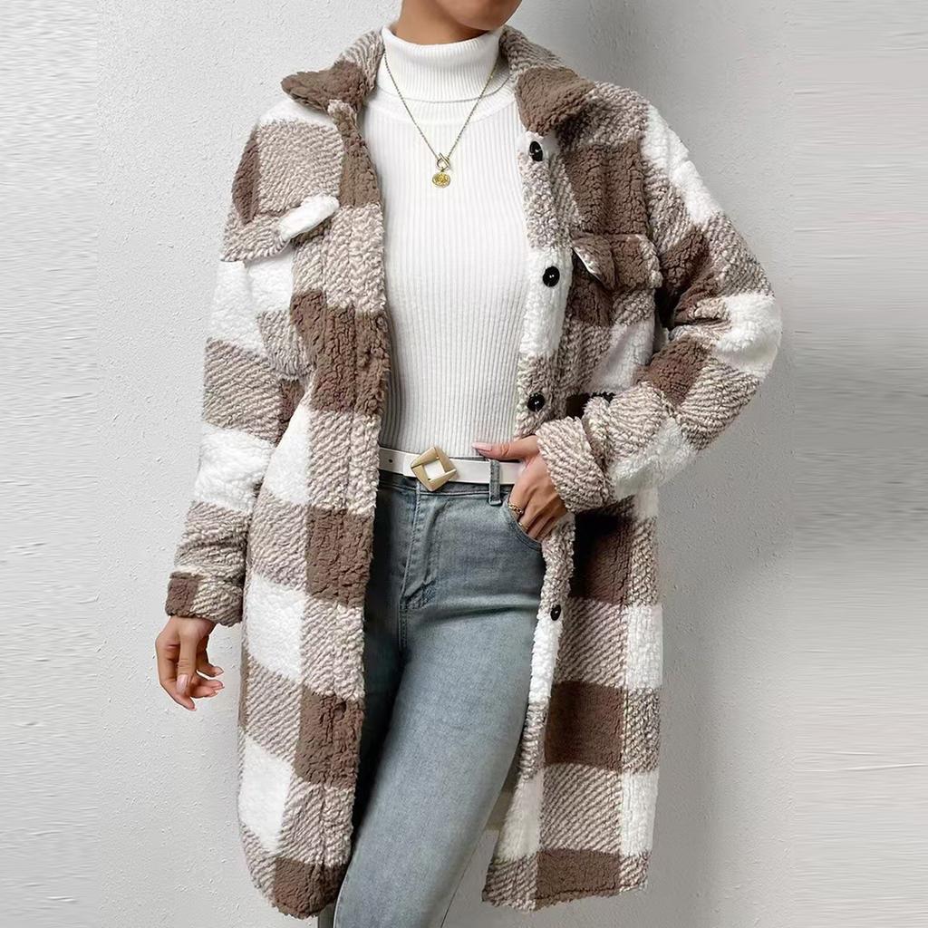 Women's Plaid Double-sided Plush Patch Pocket Button Cardigan Casual Top Jacket