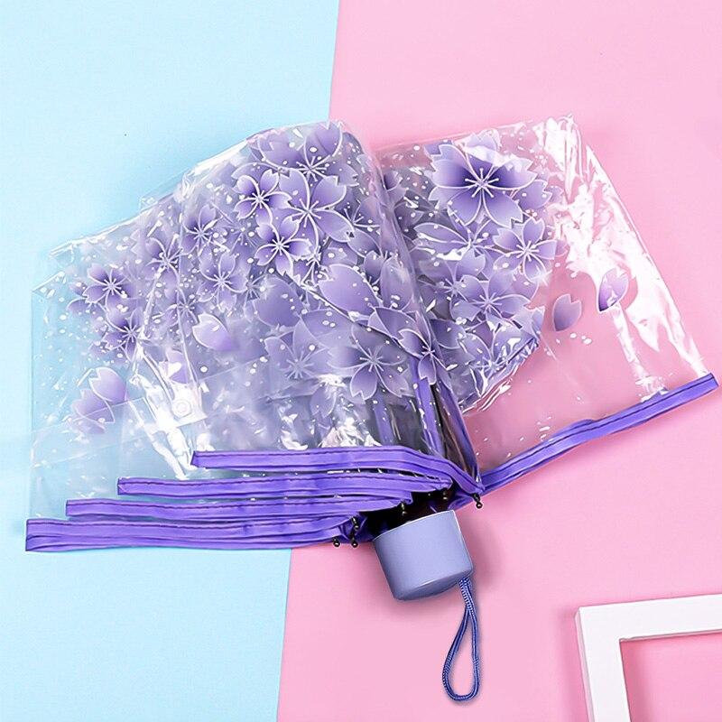 Korean Umbrella Folding Cute Korean Mini Fresh Simple Sen Series Trifold Japanese Cherry Blossom Transparent Umbrella