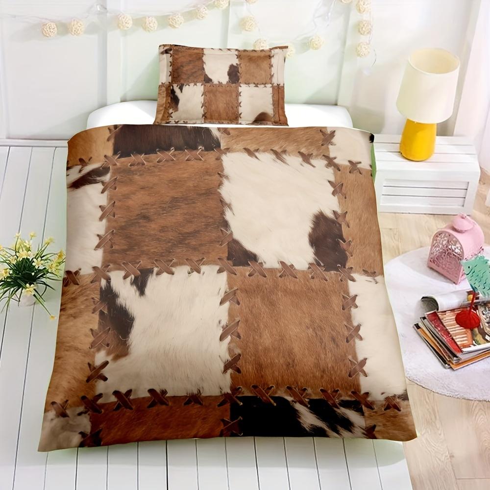 3Pcs Rustic Cowhide Style Duvet Cover Set Fur Pattern Stitching Print Soft Comfortable Bedding For Bedroom