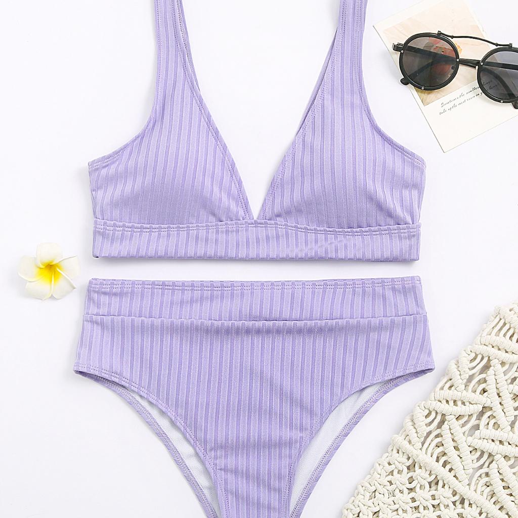 Women's Sexy V-neck Pit Striped Bikini High Waist Split Swimsuit 10 Colors