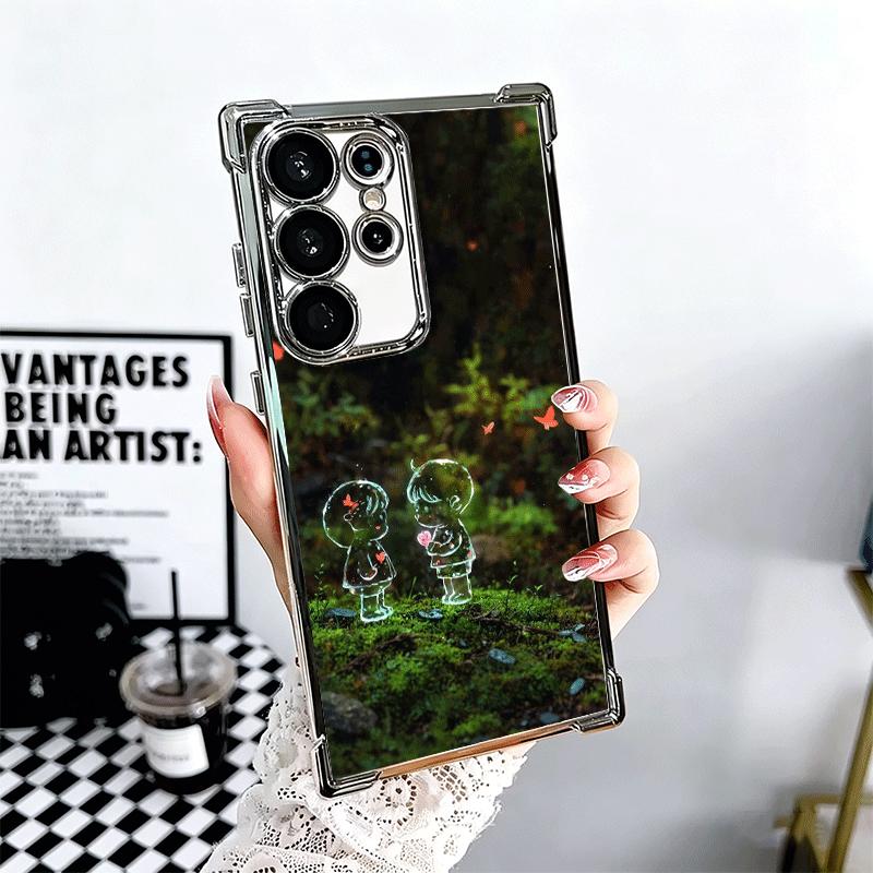 Nature Cute Child Painting Style Plating Phone Case For Samsung Galaxy S24 S25 FE S26 Edge S23 Ultra S22 S21 Plus S20 Anti-Fall