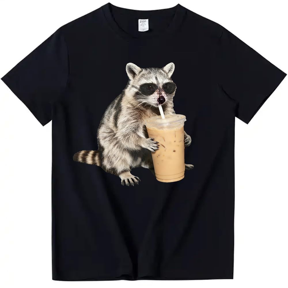 Raccoon Drinking Iced Coffee T-Shirt Funny Animal Meme Shirt Casual Crewneck Short Sleeve Graphic Tee Tops for Men Women