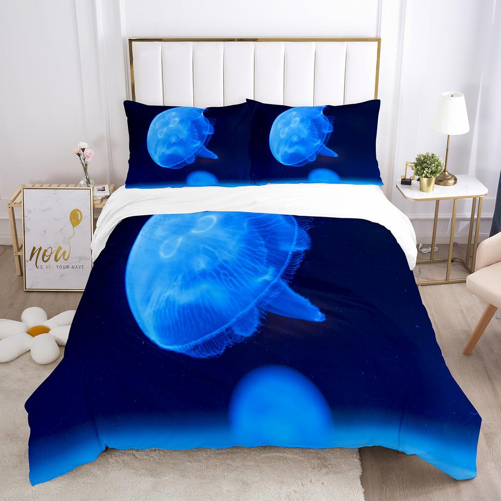 Jellyfish Duvet Cover Set Blue Sea Wild Animals Theme King Queen Size for Kids Teens Adult Polyester Bedding Set with Pillowcase