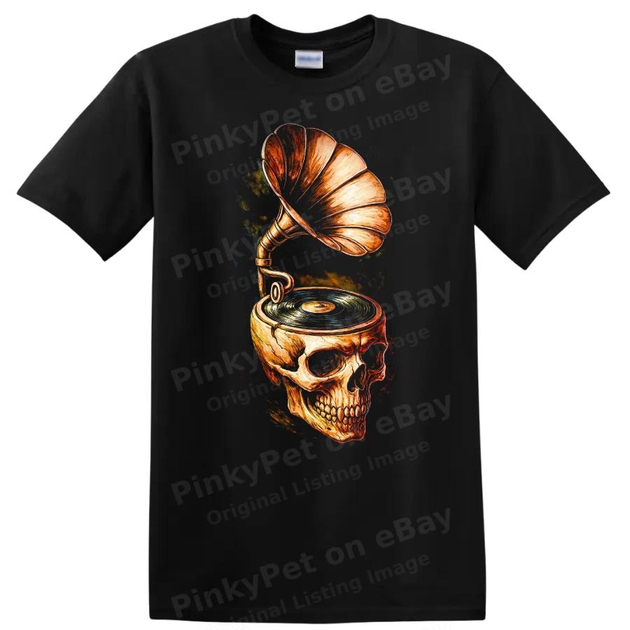 Skull Gramophone Retro Music T Shirt Vintage Style Artistic Design Tee