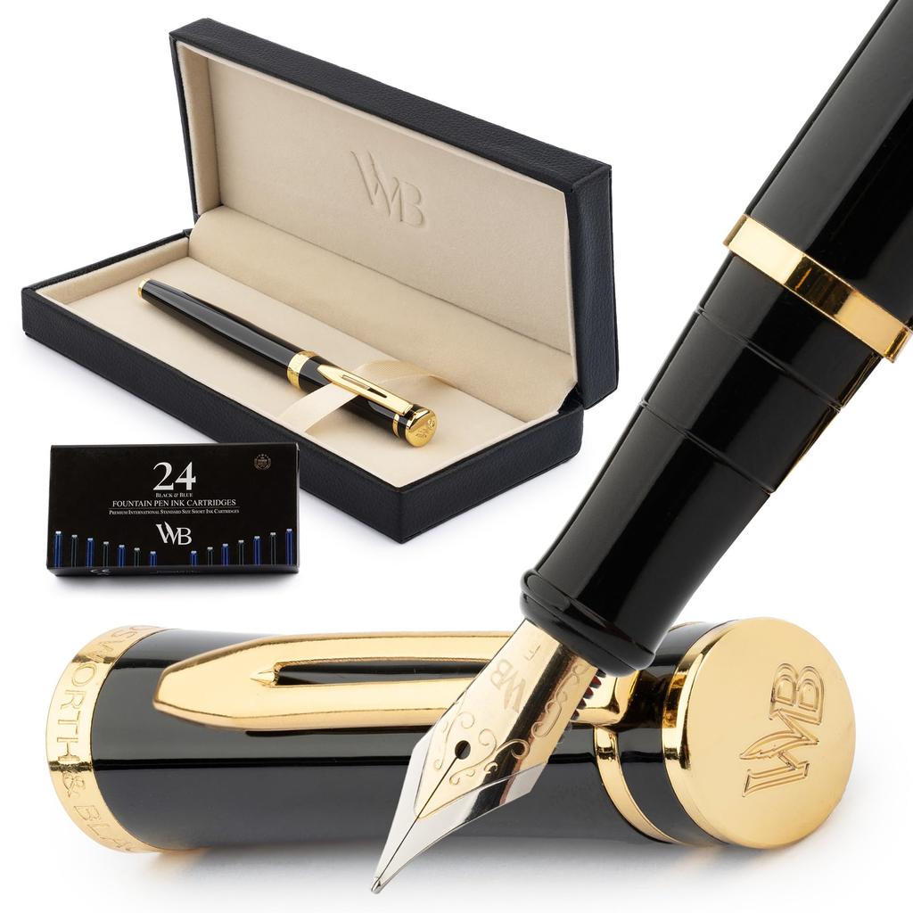 Wordsworth Premium Metal Fountain Pen 24 Fountain Pen Ink Cartridges and 24K Gold Finish 18K Fine Nib Suitable for Men and Women Professional
