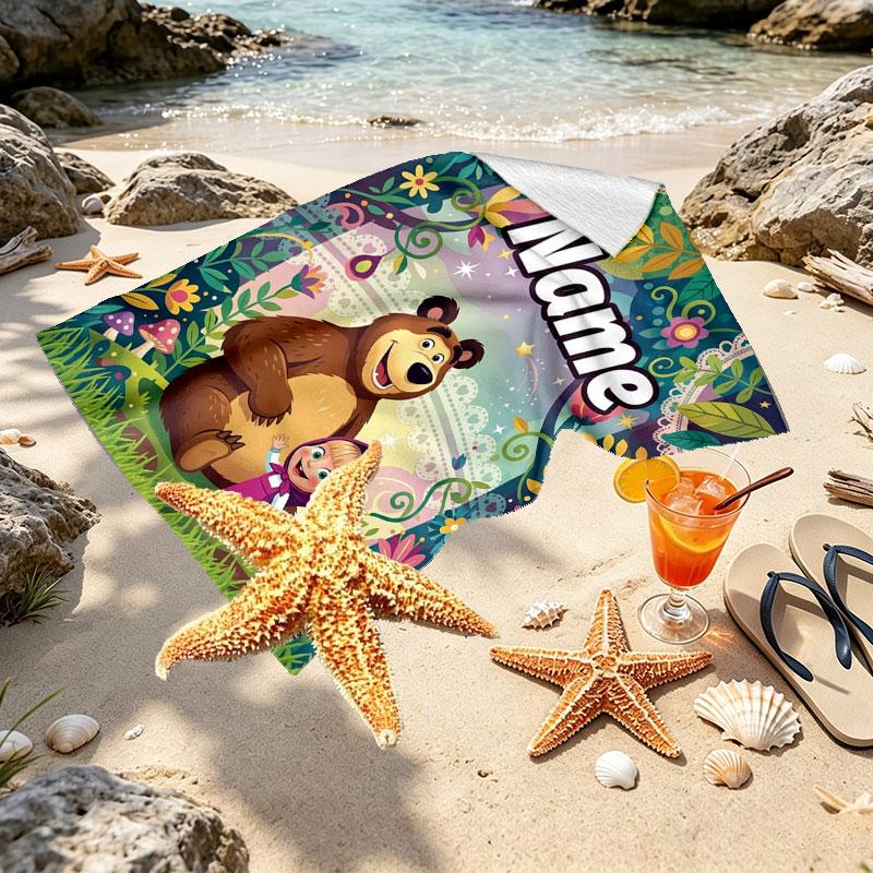 Custom Name Personalized Masha and the Bear Print Beach Towel, for Trip Camping Beach Party Home Decor, Birthday Gift for Family & Friends