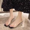 Summer New Transparent High-heeled One-word Cool Slippers Women's Fashion Crystal Thick-heeled Sandals
