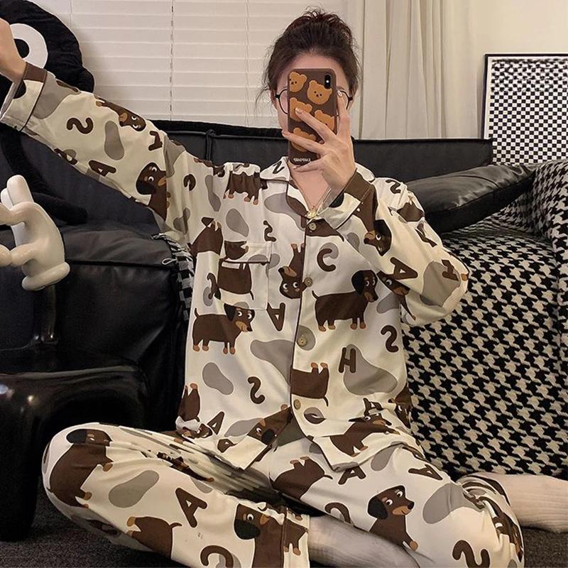 Весна Осень Длинный рукав Женский пижамный комплект Милый Такса Принт Хлопок Две части Длинные брюки Свободный