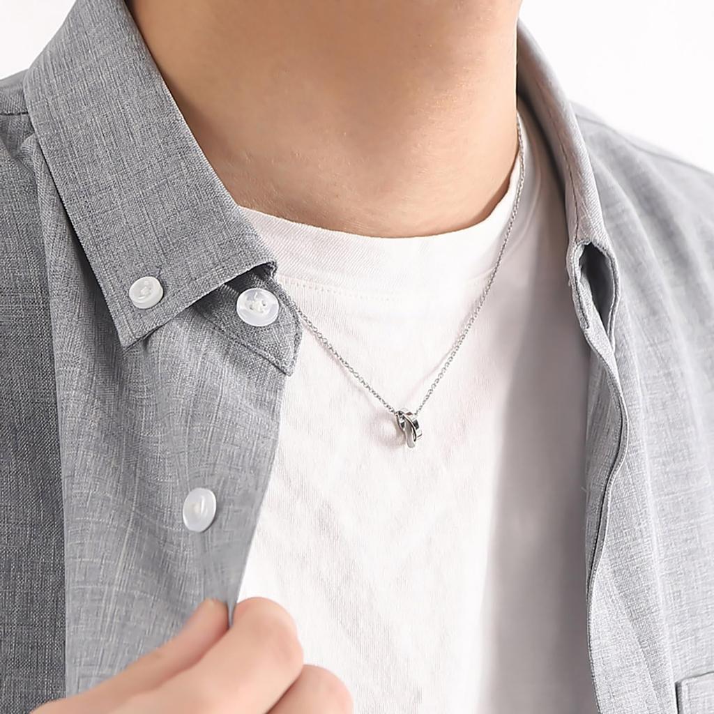 Парный набор ожерелий из 2 шт. Хирургическая сталь 316L Кубический цирконий Двойное кольцо Матовый с эффектом инея Сообщение [Белый клевер] 40 см/45 см 4SUP111SV&4SUP111SV